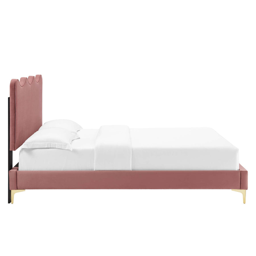 Vega Performance Velvet Queen Platform Bed in Dusty Rose