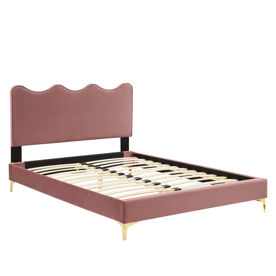 Vega Performance Velvet Queen Platform Bed in Dusty Rose