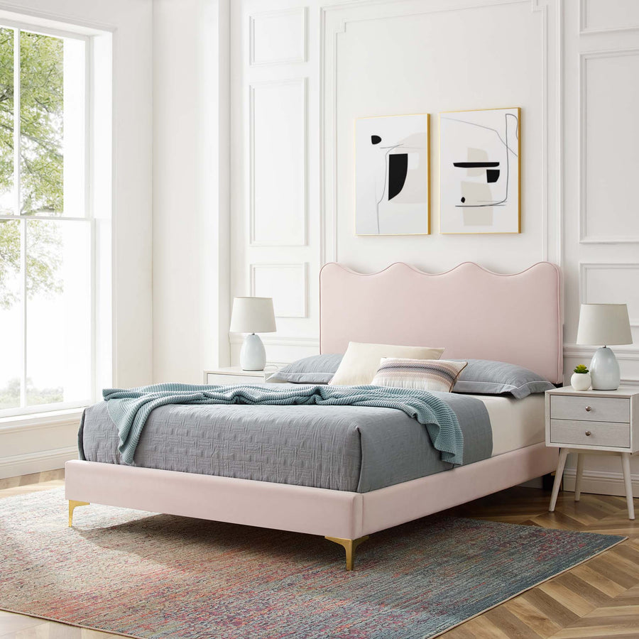 Vega Performance Velvet Queen Platform Bed in Pink