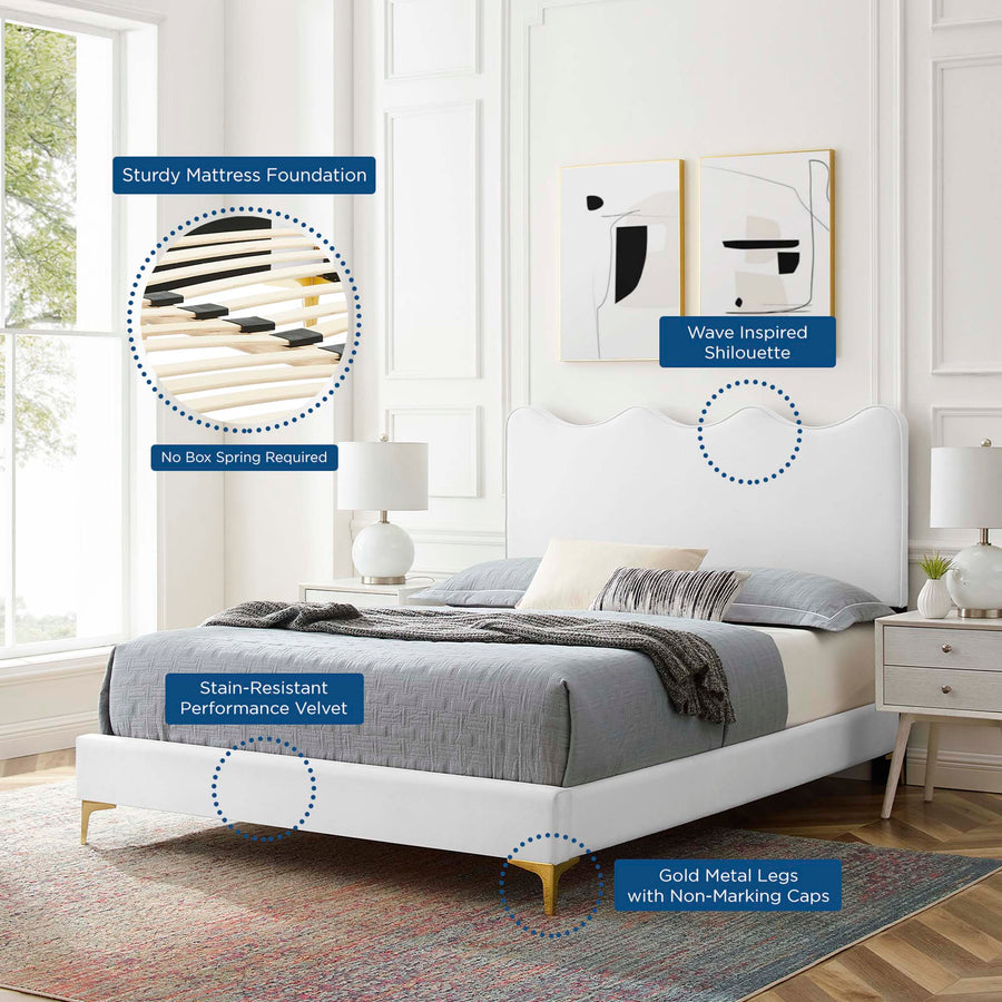 Vega Performance Velvet Queen Platform Bed in White