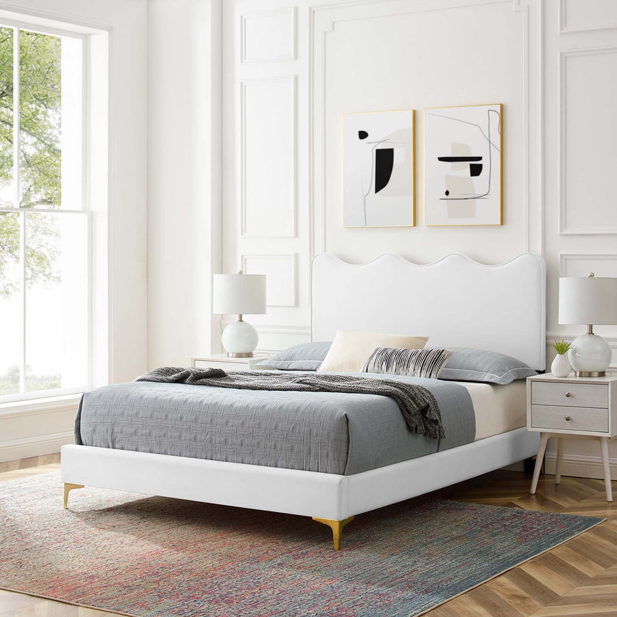 Vega Performance Velvet Queen Platform Bed in White