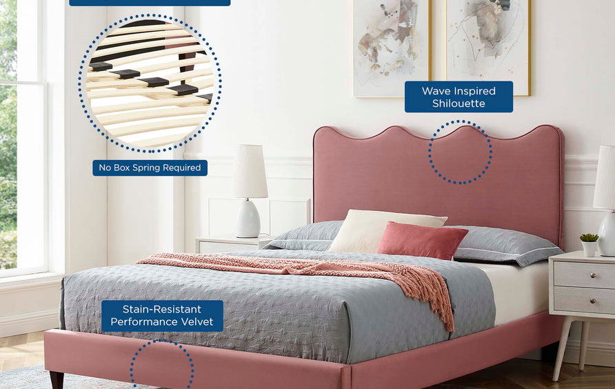 Vega Performance Velvet Queen Platform Bed in Dusty Rose