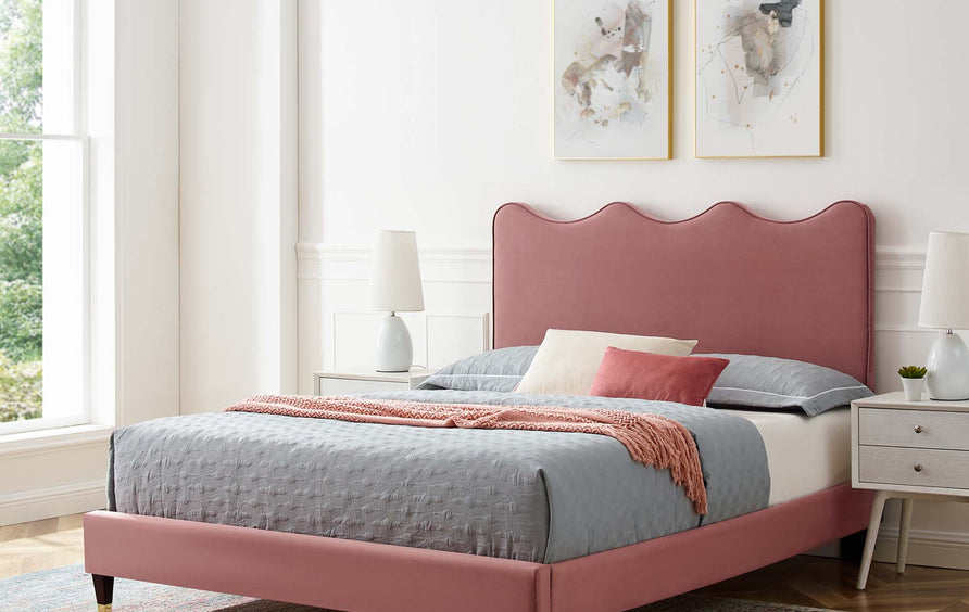 Vega Performance Velvet Queen Platform Bed in Dusty Rose