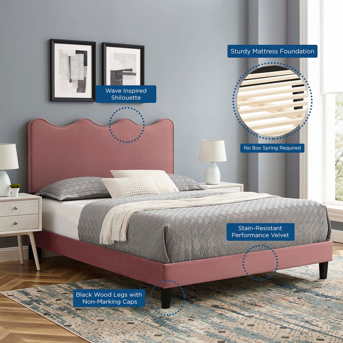 Current Performance Velvet Queen Platform Bed in Dusty Rose