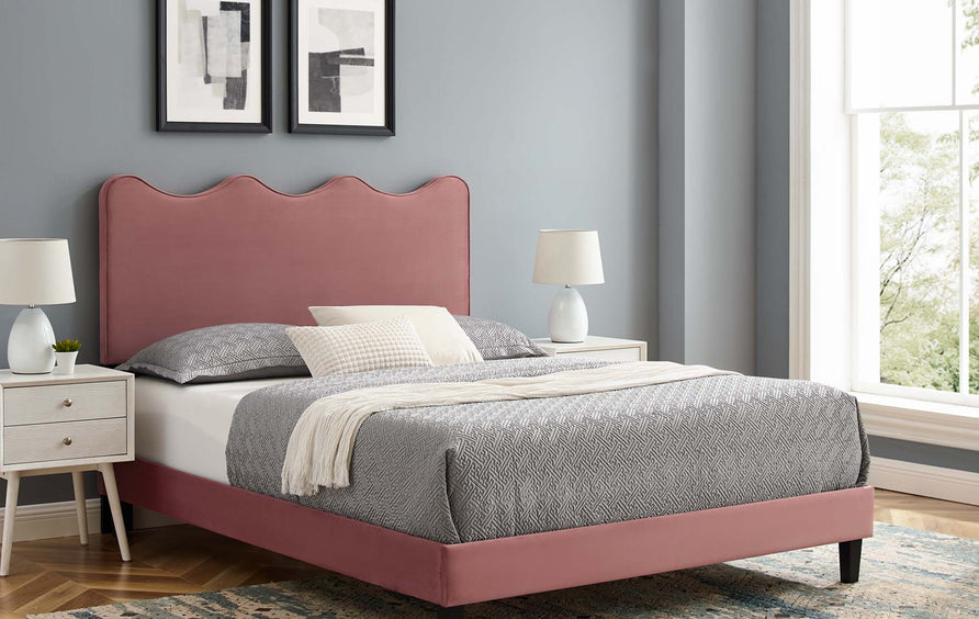 Vega Performance Velvet Queen Platform Bed in Dusty Rose