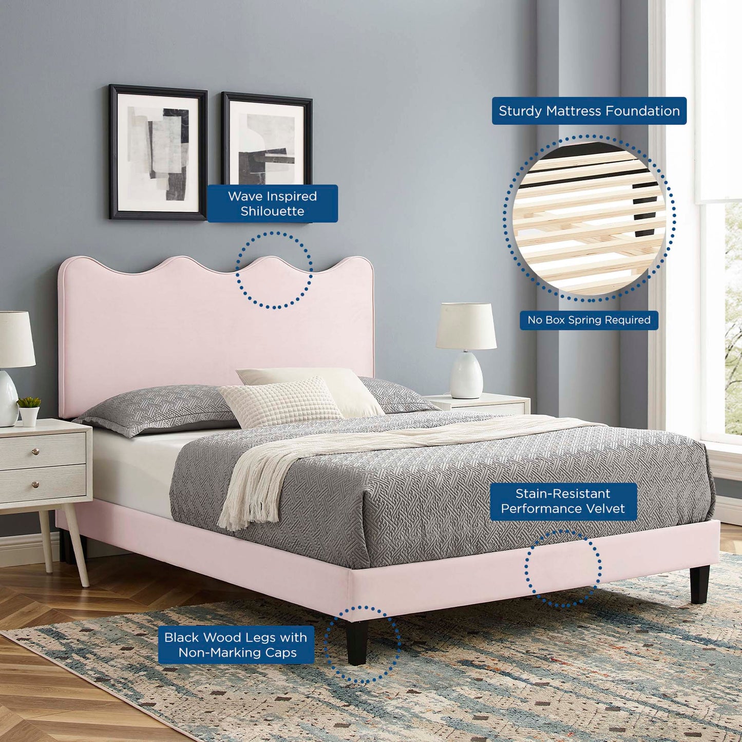 Current Performance Velvet Queen Platform Bed by Furniture For America