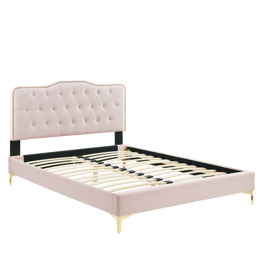 Reese Performance Velvet Queen Platform Bed in Pink