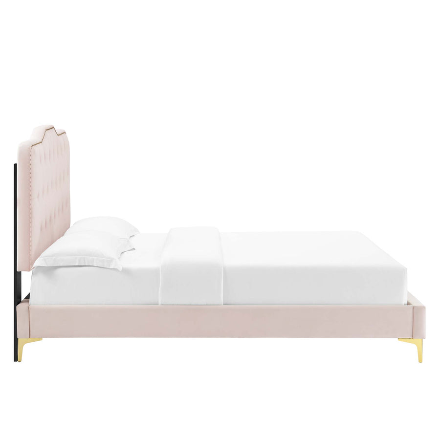 Reese Performance Velvet Queen Platform Bed in Pink