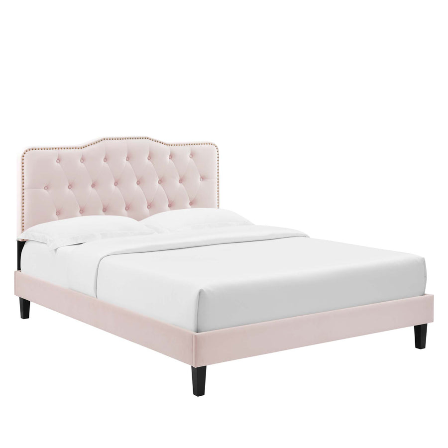 Reese Performance Velvet Queen Platform Bed in Pink