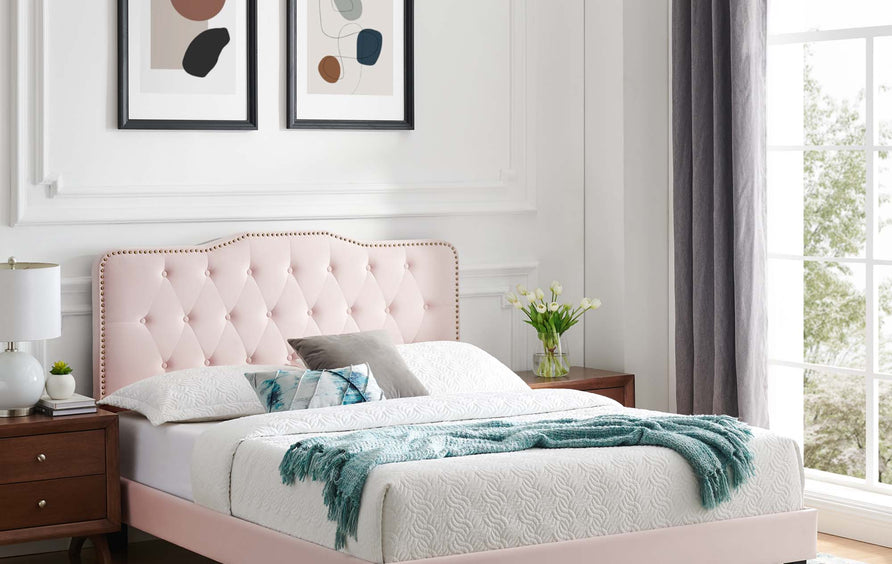 Reese Performance Velvet Queen Platform Bed in Pink