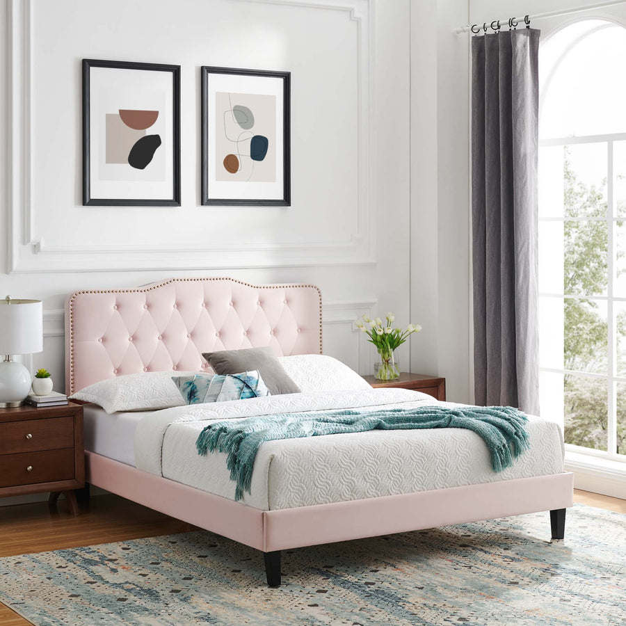 Reese Performance Velvet Queen Platform Bed in Pink