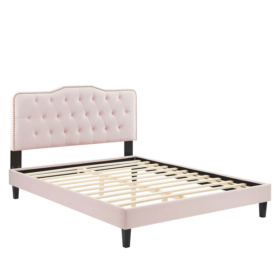 Reese Performance Velvet Queen Platform Bed in Pink