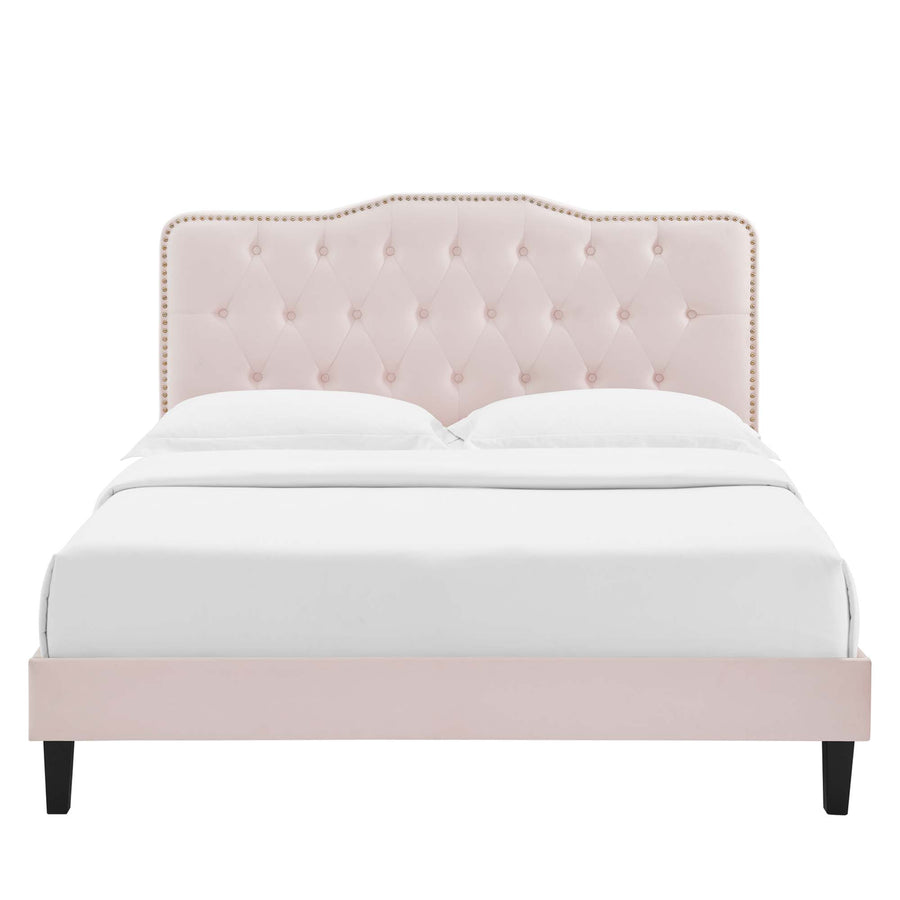 Reese Performance Velvet Queen Platform Bed in Pink