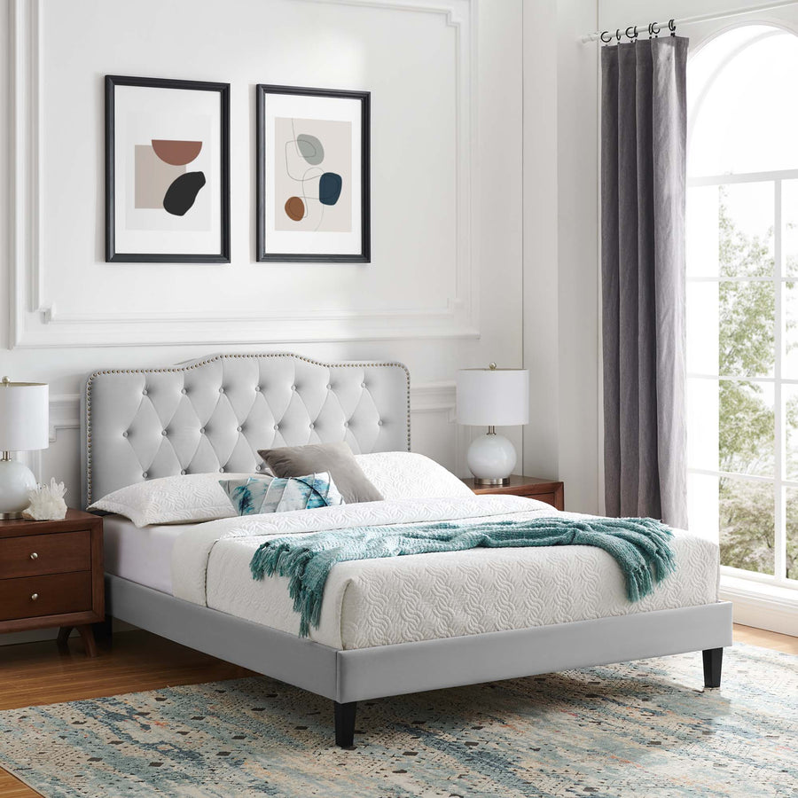 Reese Performance Velvet Twin Platform Bed in Light Gray