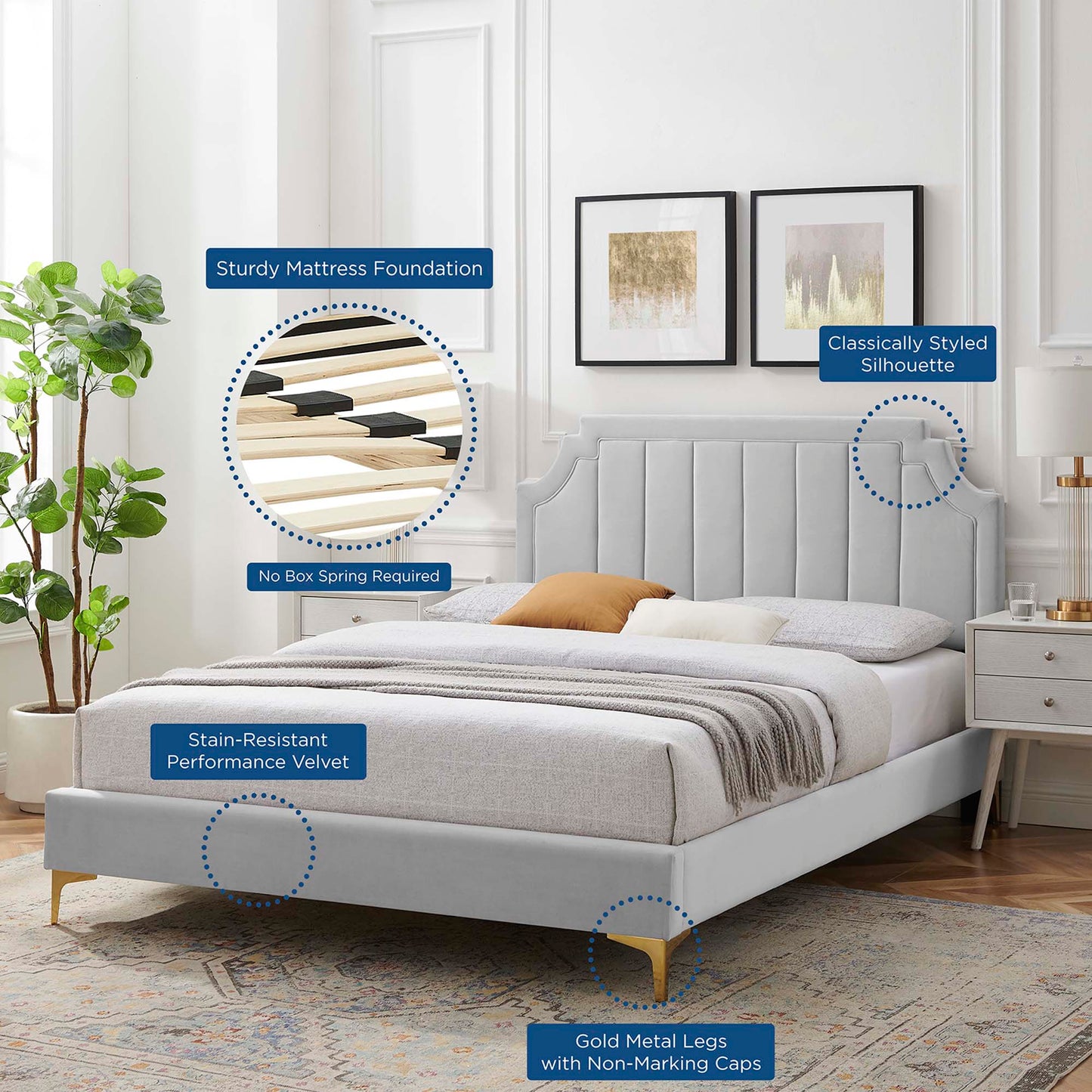 Cypress Performance Velvet Full Platform Bed in Light Gray