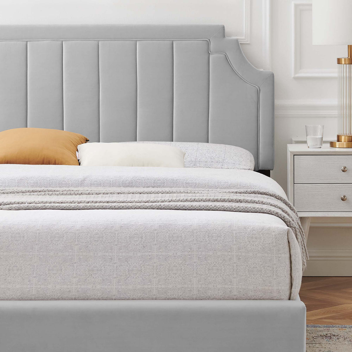 Sienna Performance Velvet Full Platform Bed in Light Gray