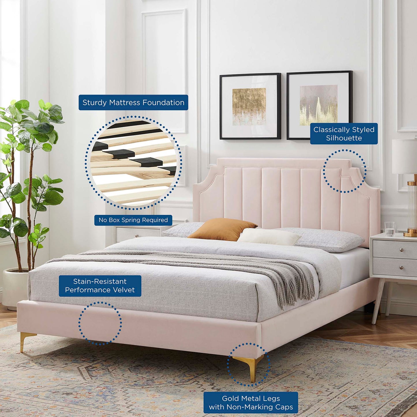 Cypress Performance Velvet Full Platform Bed in Pink