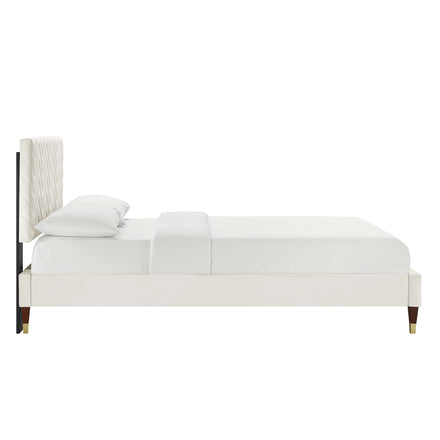 Leah Chevron Tufted Performance Velvet Queen Platform Bed in White