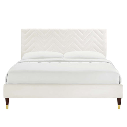 Leah Chevron Tufted Performance Velvet Queen Platform Bed in White