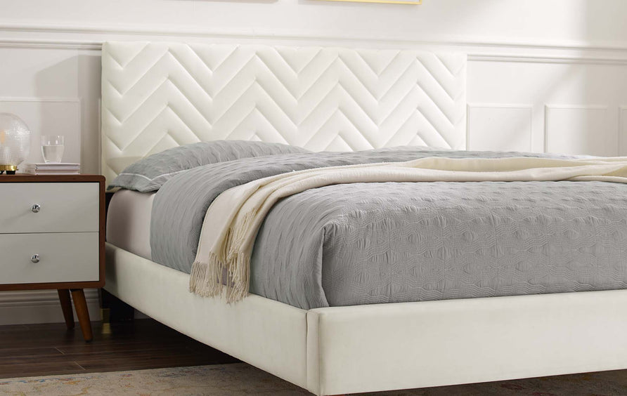 Easton Chevron Tufted Performance Velvet Queen Platform Bed in White