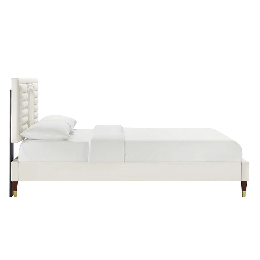 Cobalt Channel Tufted Performance Velvet Queen Platform Bed in White