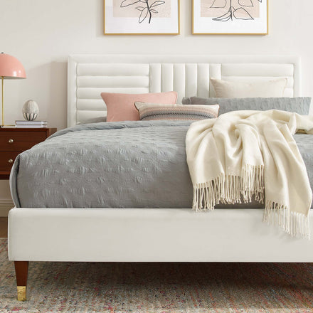 Sofia Channel Tufted Performance Velvet Queen Platform Bed in White