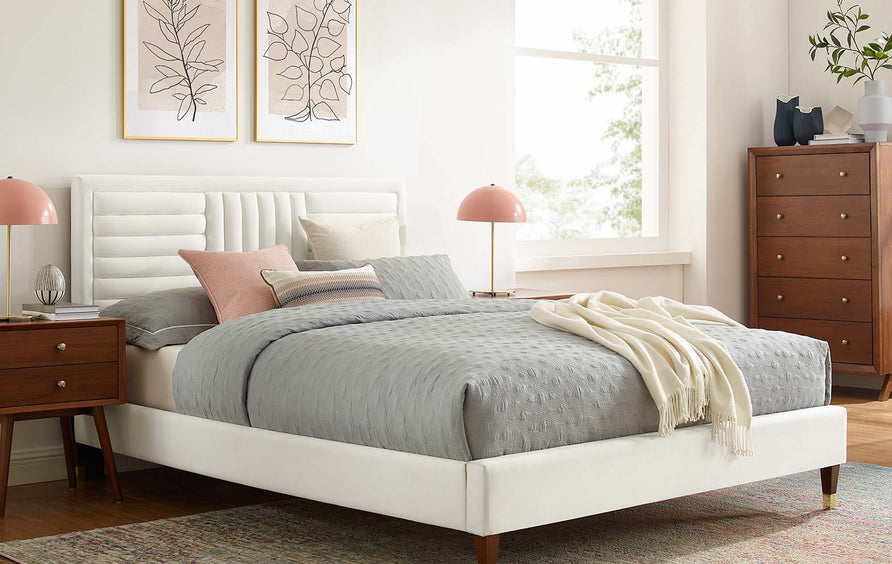 Cobalt Channel Tufted Performance Velvet Queen Platform Bed in White