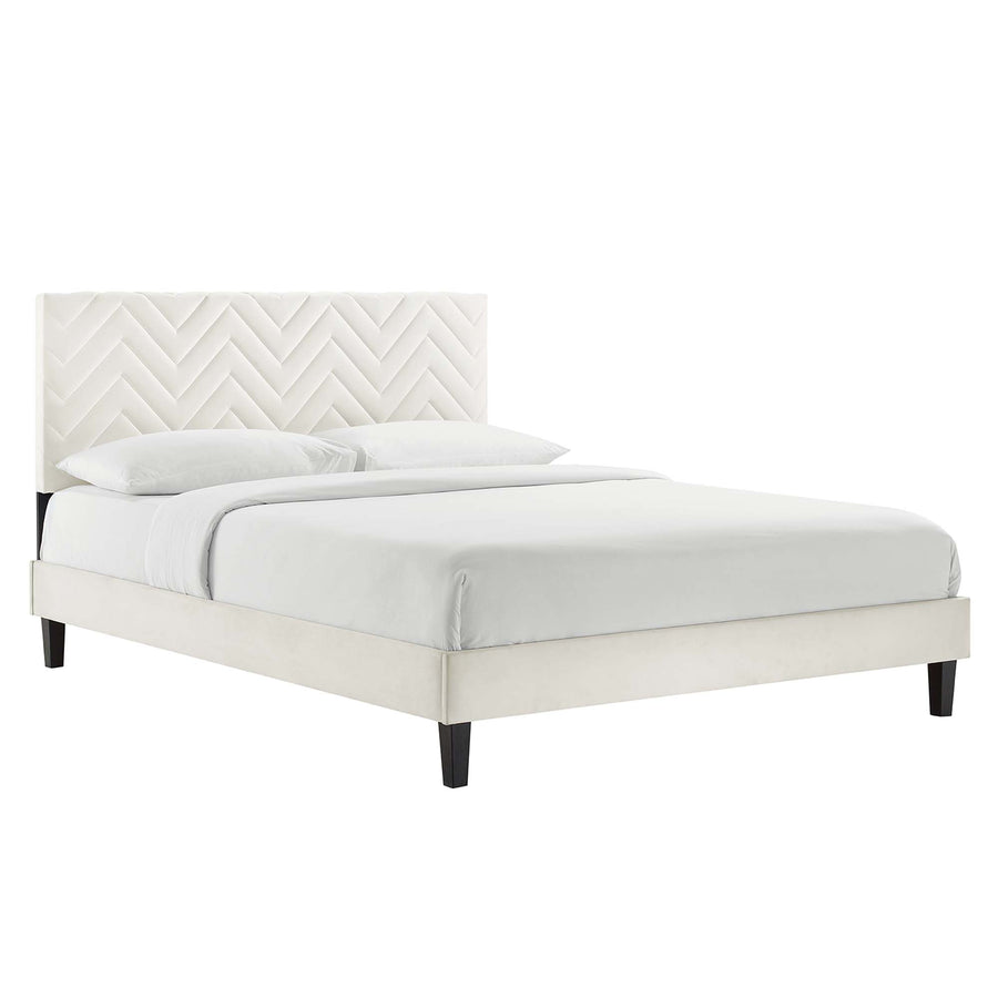 Easton Tapered Wood Leg Chevron Tufted Performance Velvet Queen Platform Bed in White