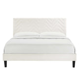 Easton Tapered Wood Leg Chevron Tufted Performance Velvet Queen Platform Bed in White