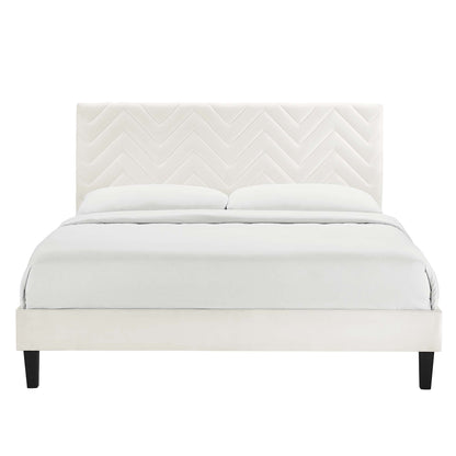 Leah Tapered Wood Leg Chevron Tufted Performance Velvet Queen Platform Bed by Furniture For America