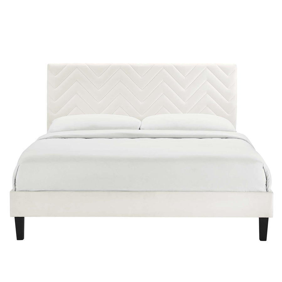 Easton Tapered Wood Leg Chevron Tufted Performance Velvet Queen Platform Bed in White