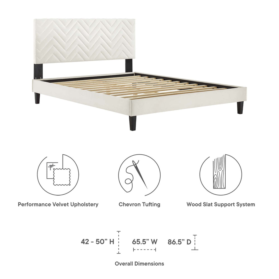 Easton Tapered Wood Leg Chevron Tufted Performance Velvet Queen Platform Bed in White