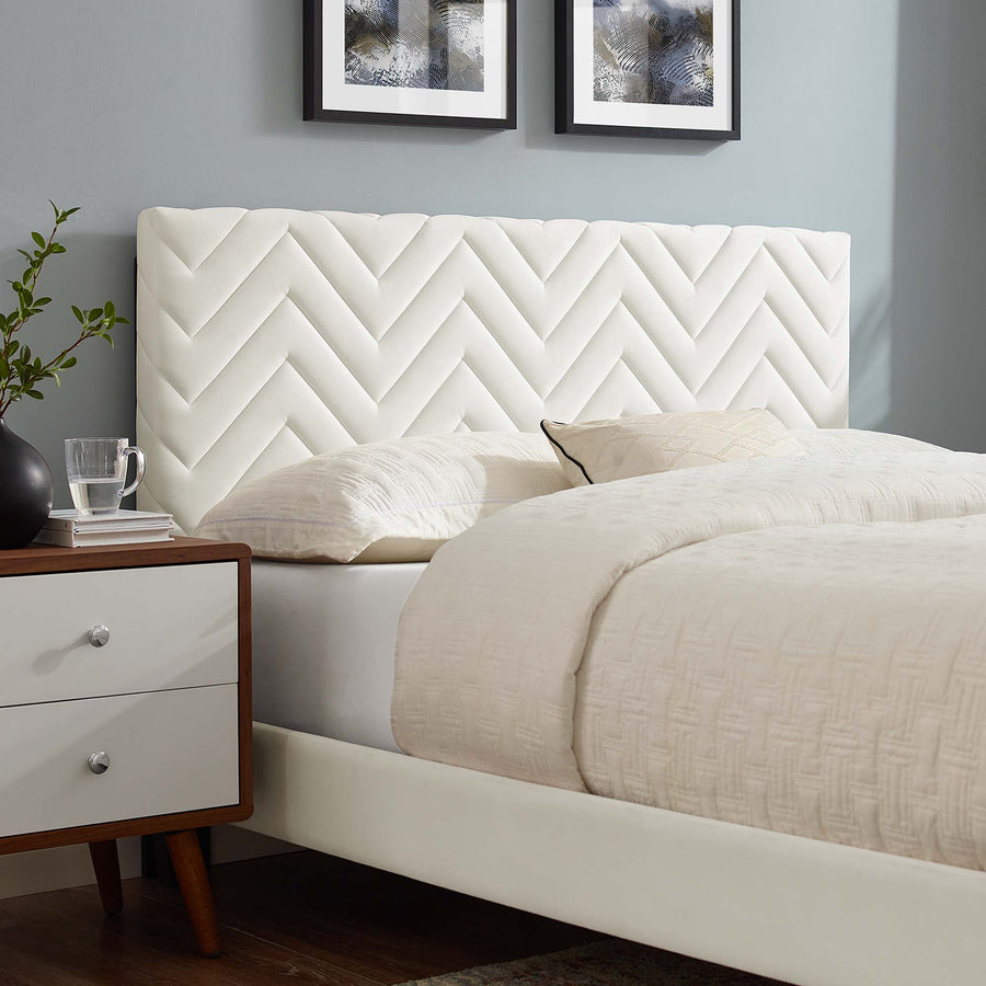 Easton Tapered Wood Leg Chevron Tufted Performance Velvet Queen Platform Bed in White