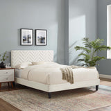 Easton Tapered Wood Leg Chevron Tufted Performance Velvet Queen Platform Bed in White