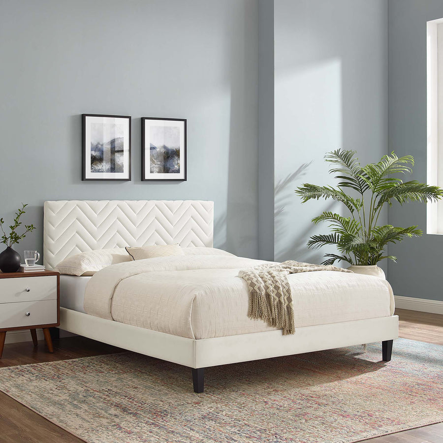 Easton Tapered Wood Leg Chevron Tufted Performance Velvet Queen Platform Bed in White