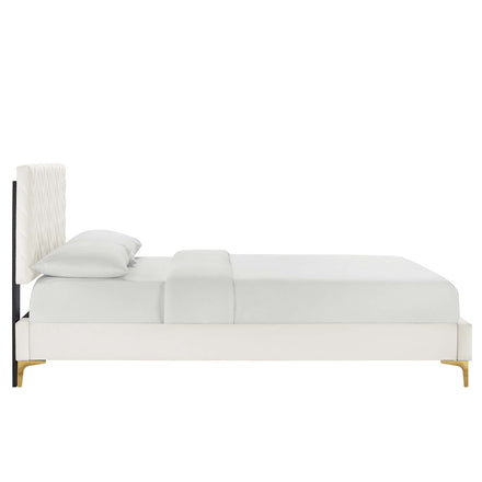 Leah Chevron Tufted Performance Velvet Queen Platform Bed in White