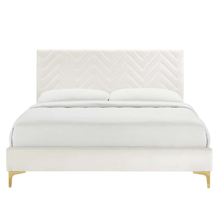 Leah Chevron Tufted Performance Velvet Queen Platform Bed in White