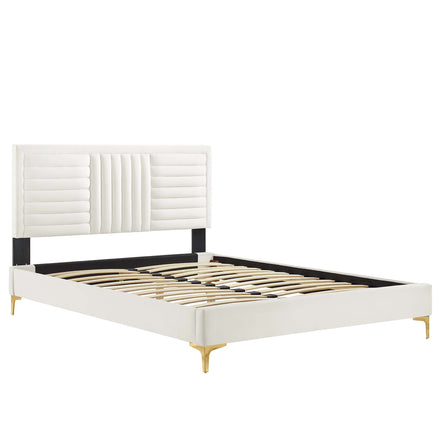 Sofia Channel Tufted Performance Velvet Queen Platform Bed in White