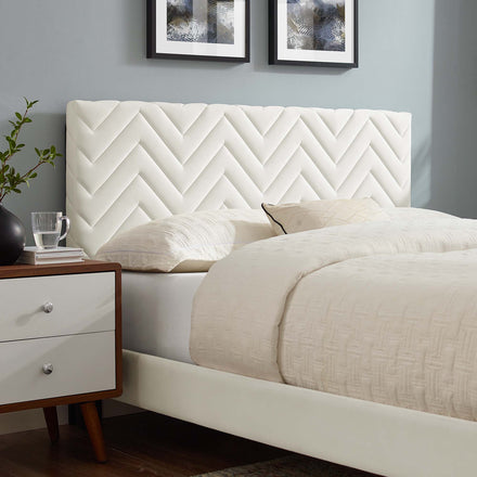 Leah Tapered Wood Leg Chevron Tufted Performance Velvet Twin Platform Bed in White