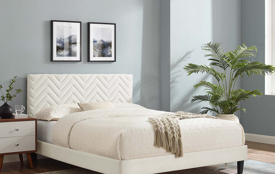 Easton Tapered Wood Leg Chevron Tufted Performance Velvet Twin Platform Bed in White