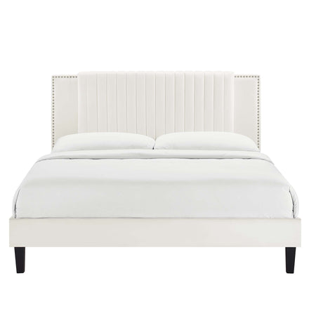 Zahra Tapered Wood Leg Channel Tufted Performance Velvet Twin Platform Bed in White