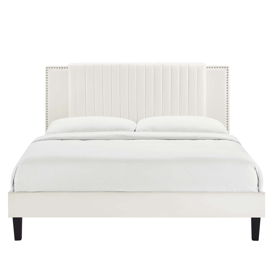 Orsa Tapered Wood Leg Channel Tufted Performance Velvet Twin Platform Bed in White