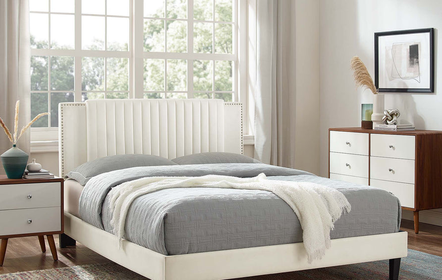 Orsa Tapered Wood Leg Channel Tufted Performance Velvet Twin Platform Bed in White