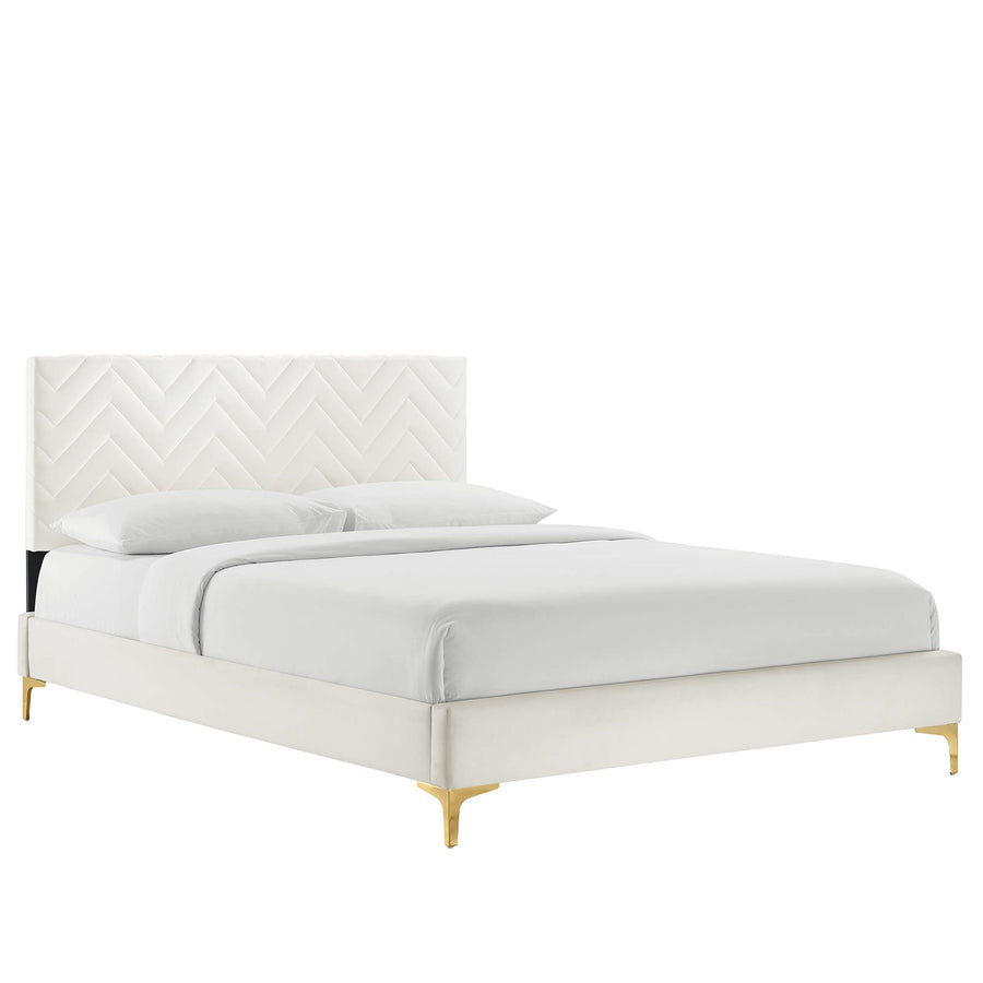 Easton Chevron Tufted Performance Velvet Full Platform Bed in White