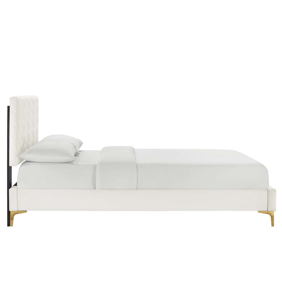 Easton Chevron Tufted Performance Velvet Full Platform Bed in White