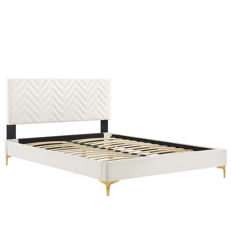 Easton Chevron Tufted Performance Velvet Full Platform Bed in White