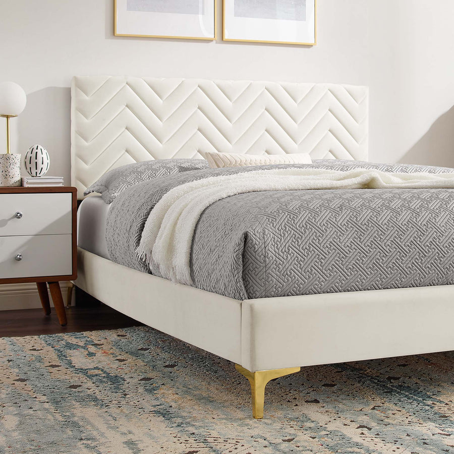 Easton Chevron Tufted Performance Velvet Full Platform Bed in White