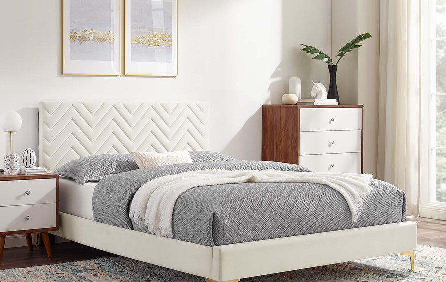 Easton Chevron Tufted Performance Velvet Full Platform Bed in White