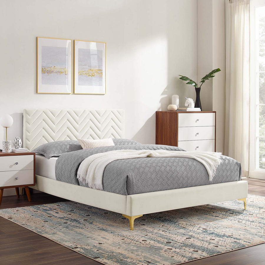 Easton Chevron Tufted Performance Velvet Full Platform Bed in White