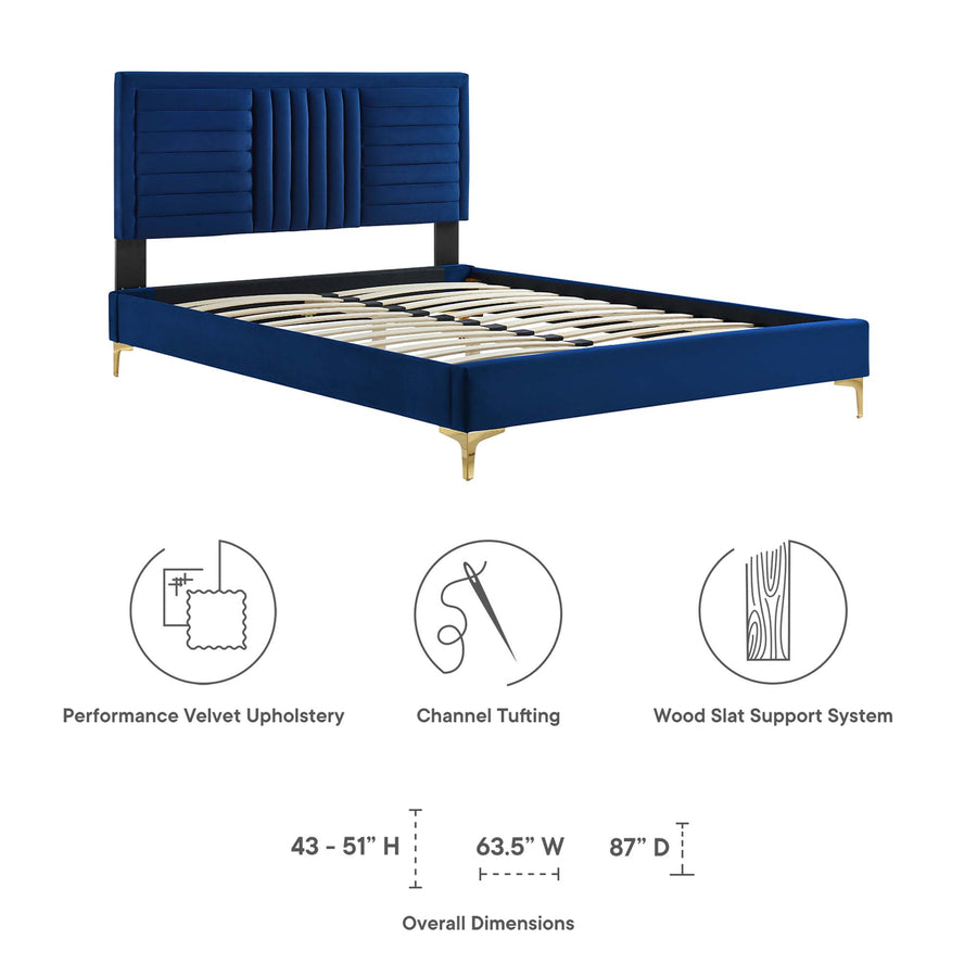 Cobalt Channel Tufted Performance Velvet Full Platform Bed in Navy